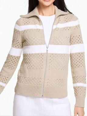 NWT Talbots Striped Open Stitch Sweater Jacket Oat White 3XP